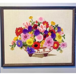 Vintage 3D Floral Flower Framed Needlepoint Crewel for MCM Retro Framed Art